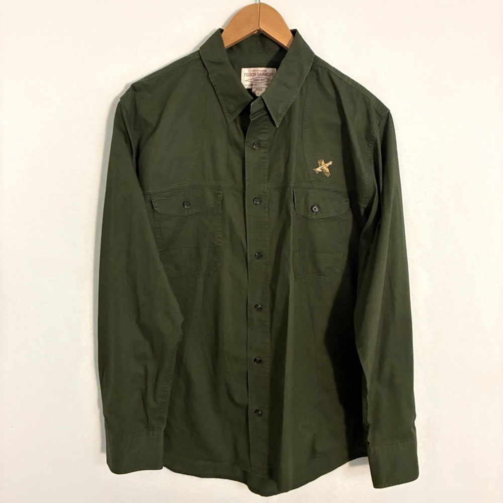 Vtg CC Filson Poplin Safari Shirt Men's L Green Long Sleeve Button Up Gorpcore